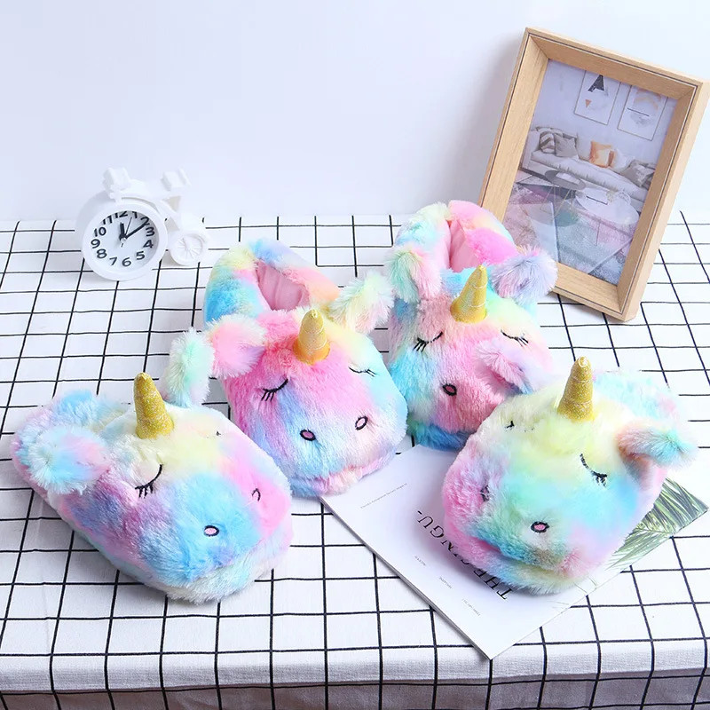 FAYUEKEY Cartoon Rainbow Unicorn Slippers Women Girls Winter Plush Warm Home Slippers Indoor Shoes Cotton Women Unicorn Shoes