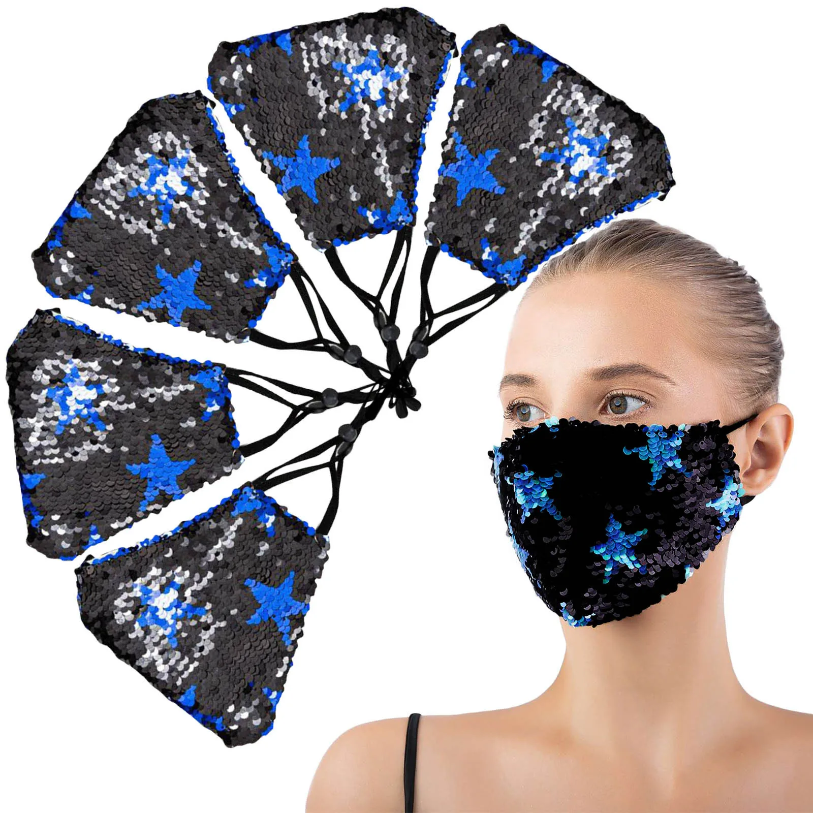 

5PC Adult Masks Five-pointed star sequins Face Mask Fashion Shiny Mouth-muffle Breathable Reusable Mascarillas Unisex Masque 16