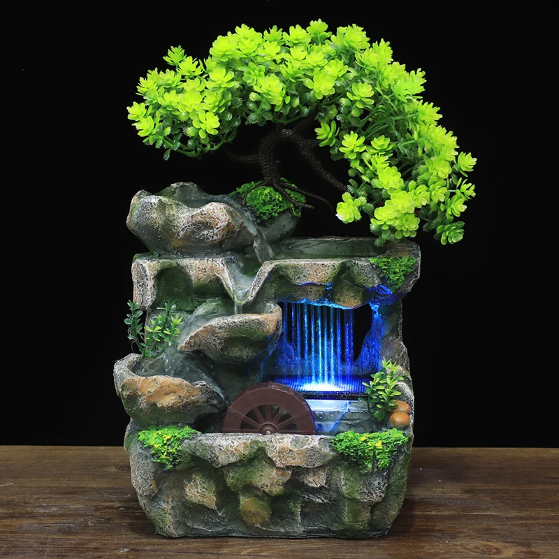 

Indoor Desktop Feng Shui Rockery Fountain Decor Living Room Flowing Water Waterfall Ornament with 7-Color LED Light Change Art