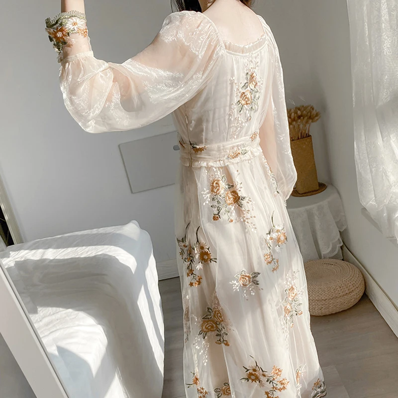 

French Floral Embroidery Party Dress Long Sleeve Mesh Embroided Dresses Lantern Sleeve Sweet High Waist Long Dress Vestido 10120