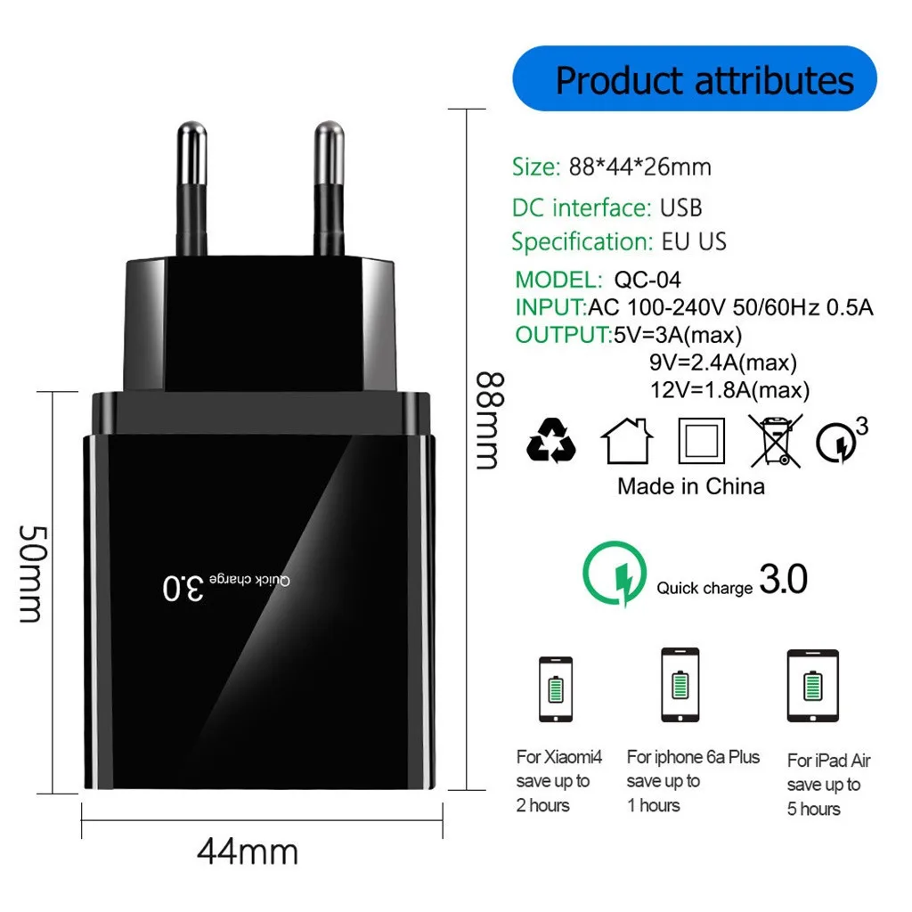 Портативный 4usb настенное зарядное устройство Qc3.0 телефон быстрое Eu/Us вилка 5v 2.4a