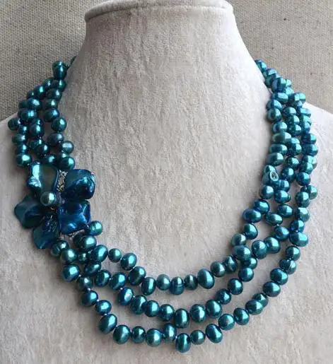 

Unique Pearls jewellery Store Teal Shell Flower Necklace 3 rows Baroque Genuine Freshwater Pearl Necklace Magnet Clasp