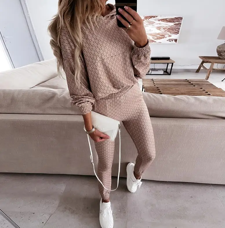 

Designer fashion women set hooded print long sleeves loose casual home suit tops+pants 2 piece outfits Matching Sets ropa mujer