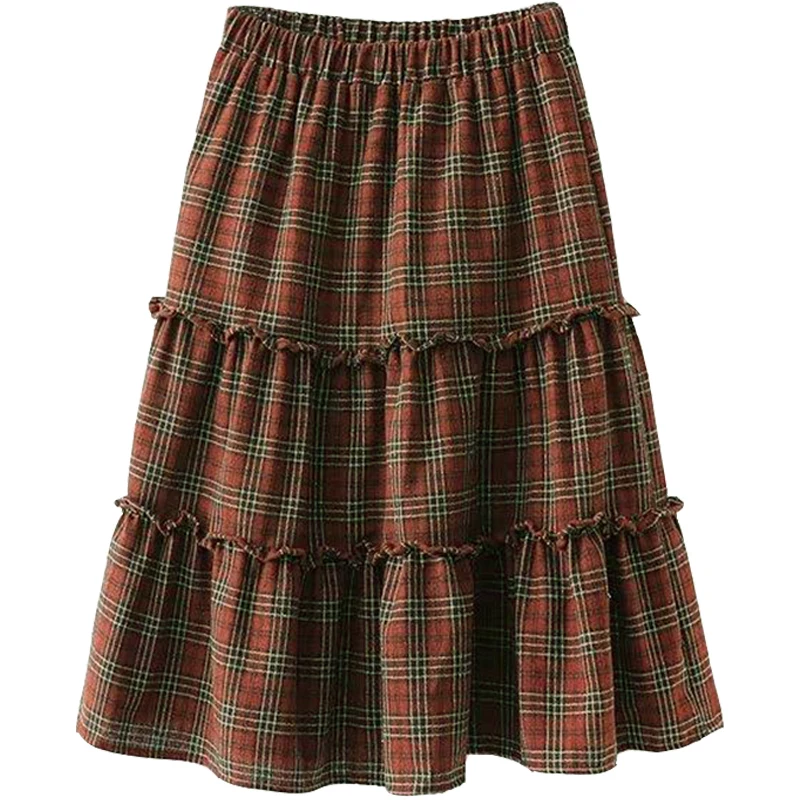 Осенняя женская зимняя клетчатая юбка в стиле Харадзюку с оборками