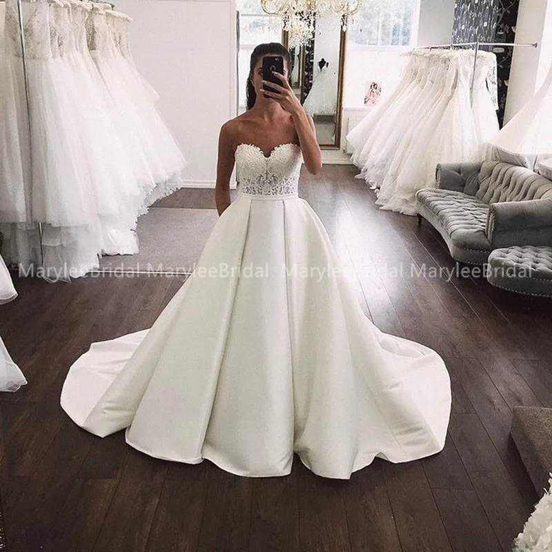 Sweetheart Princess A-line robe de mariée 2020 Elegant Ivory Wedding Dresses Appliques Chapel Train Church Vestido De Casamento | Свадьбы и
