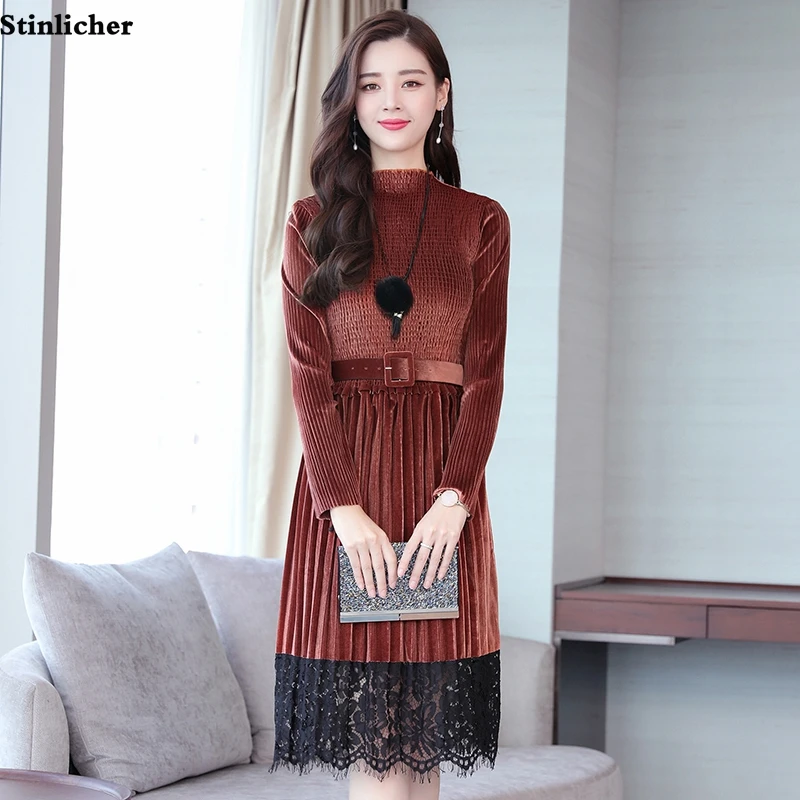 

vintage lace gold velvet dress women autumn winter half high neck elastic pleated party dress ladies casual midi dress vestidos