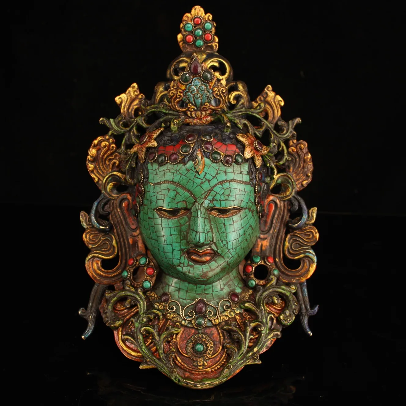 

11"Tibet Temple Collection Old Bronze Mosaic Gem Outline in gold Turquoise Green Tara Buddha Head Mask Worship Hall Town house
