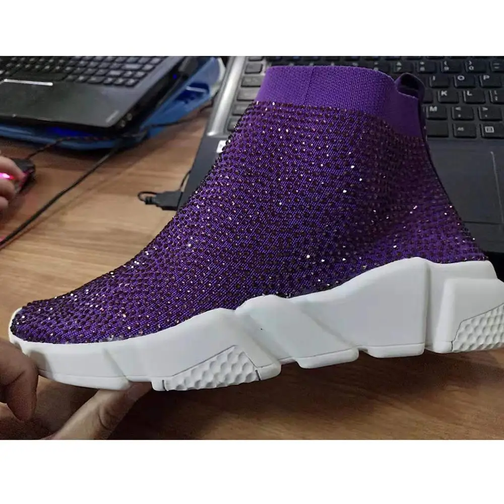 Purple Женские кроссовки, вязанные стразы, носок, плоская подошва, спортивная обувь для бега, повседневная обувь,, кроссовки ручной работы - Цвет: Purple