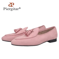 piergitar new pink color velvet tassel men loafers british style classic men smoking slippers for wedding and party plus size