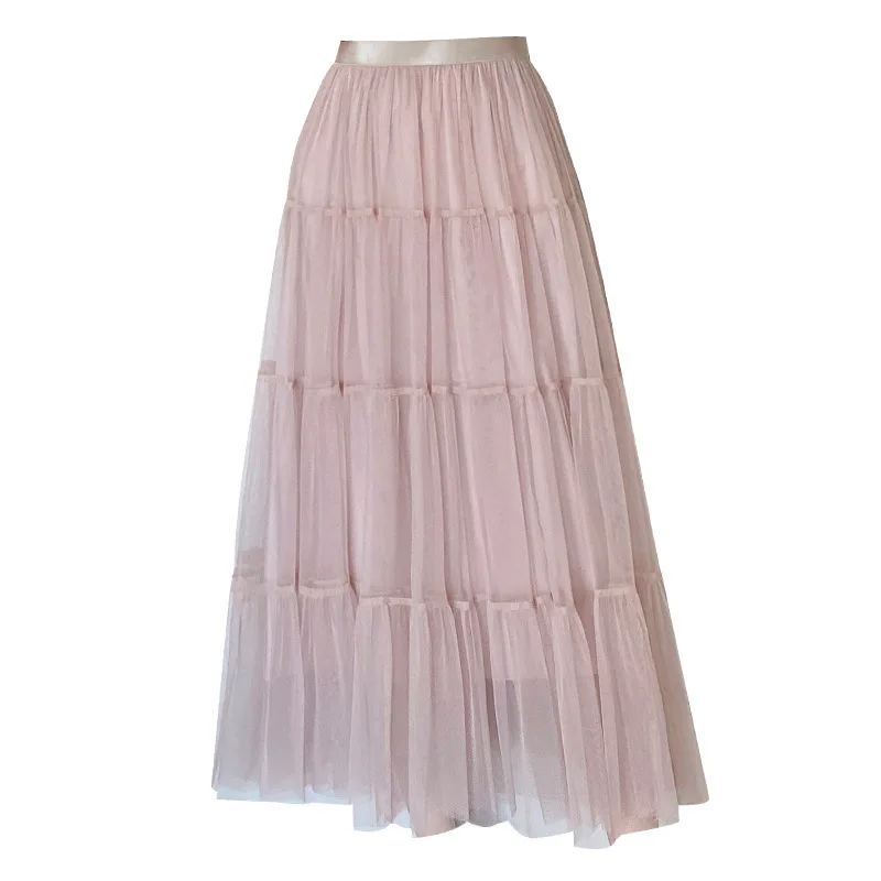 

2021 Spring Skirt Women'S Solid Color Stitching Mesh Cake Skirt High Waist Thin Mesh Mesh Skirt