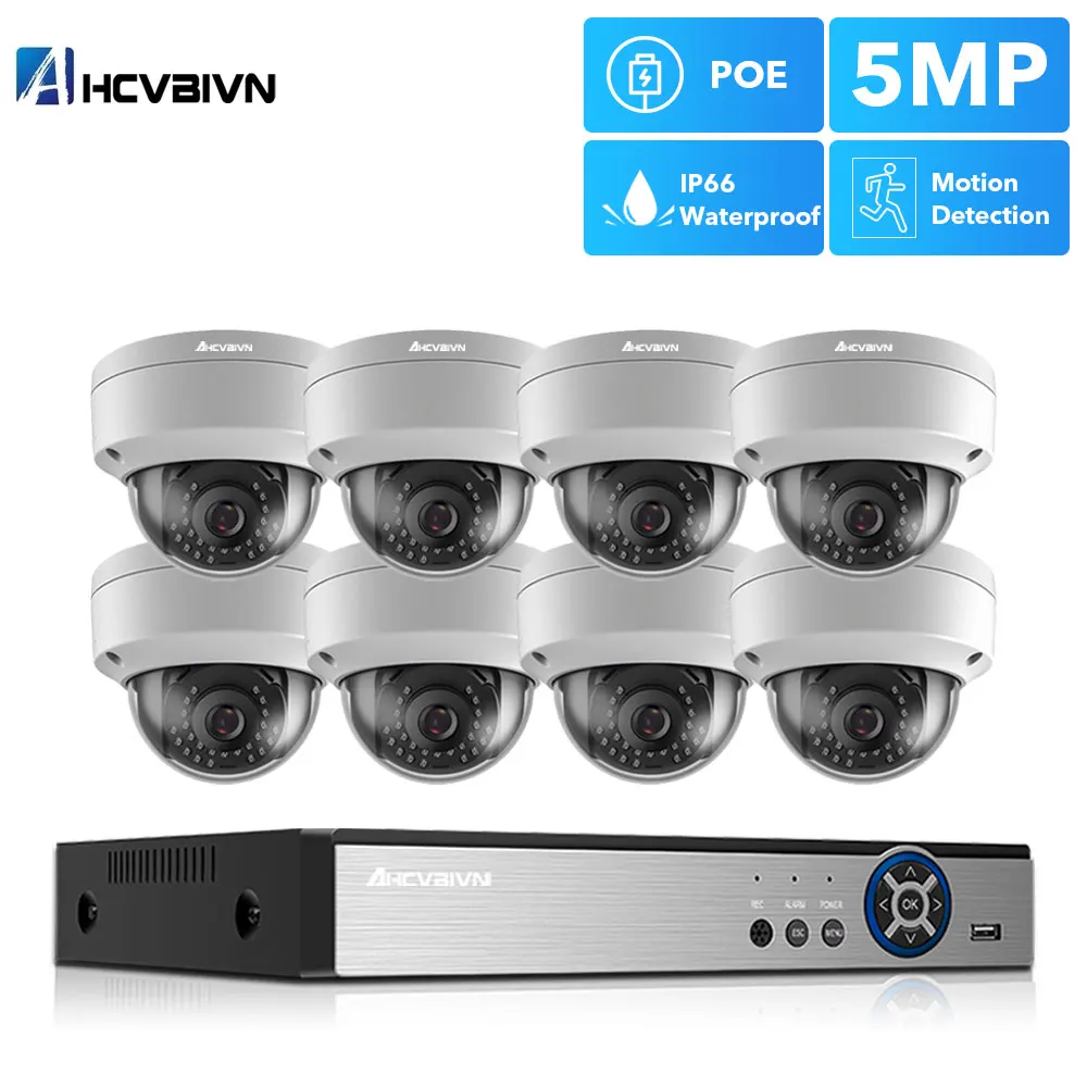 

H.265+ 8CH POE CCTV System 5MP AI Face Detection Waterproof Dome IP Cameras Security Monitoring Camera System Set