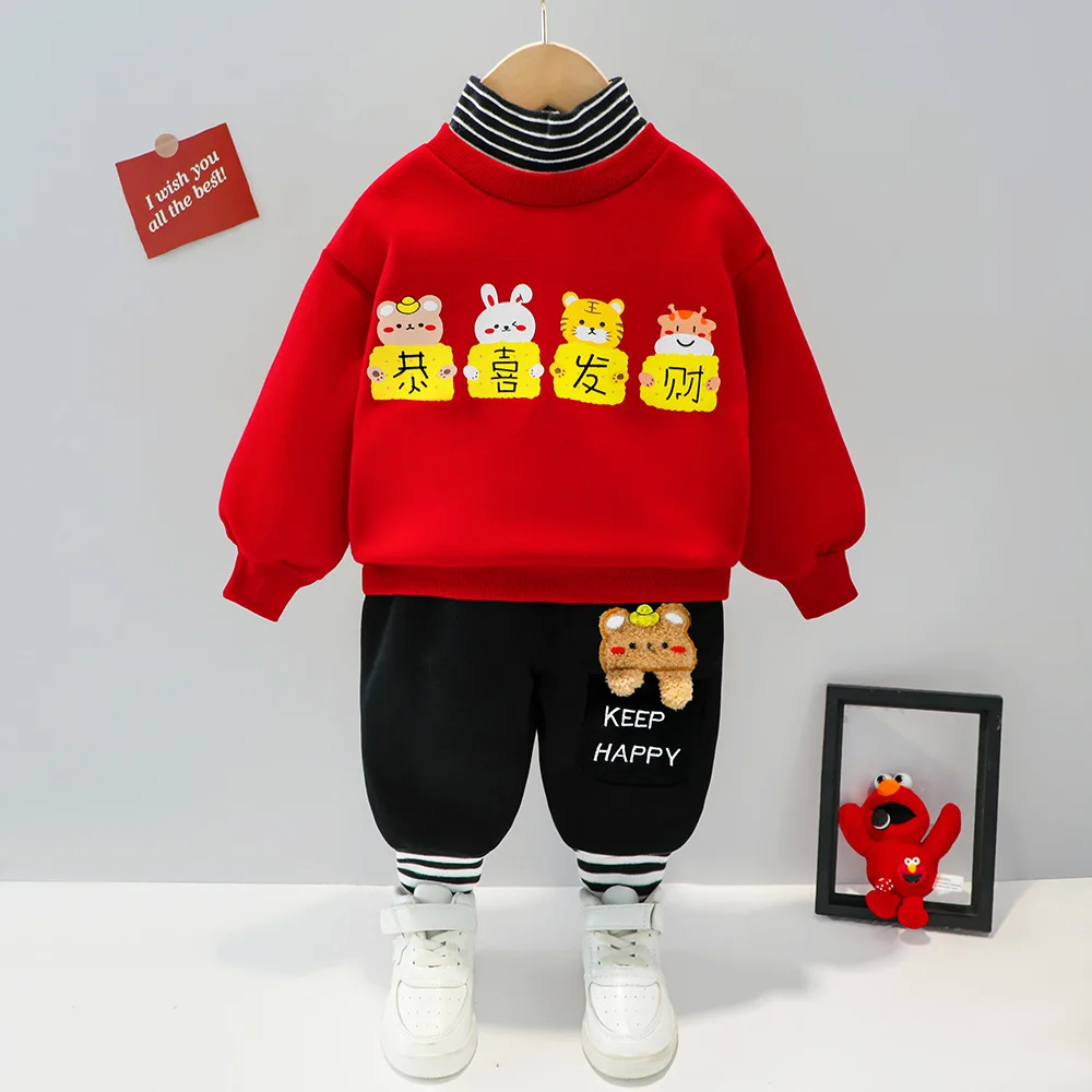 

Winter Baby Clothes Thicken Newborn Boy Set Chinese Style Turtleneck Hoodie+Pants Two Piece Suit Velvet Warm Toddler Girl Outfit