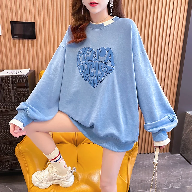 Женский пуловер с длинным рукавом круглым вырезом и принтом сердечек | Женская