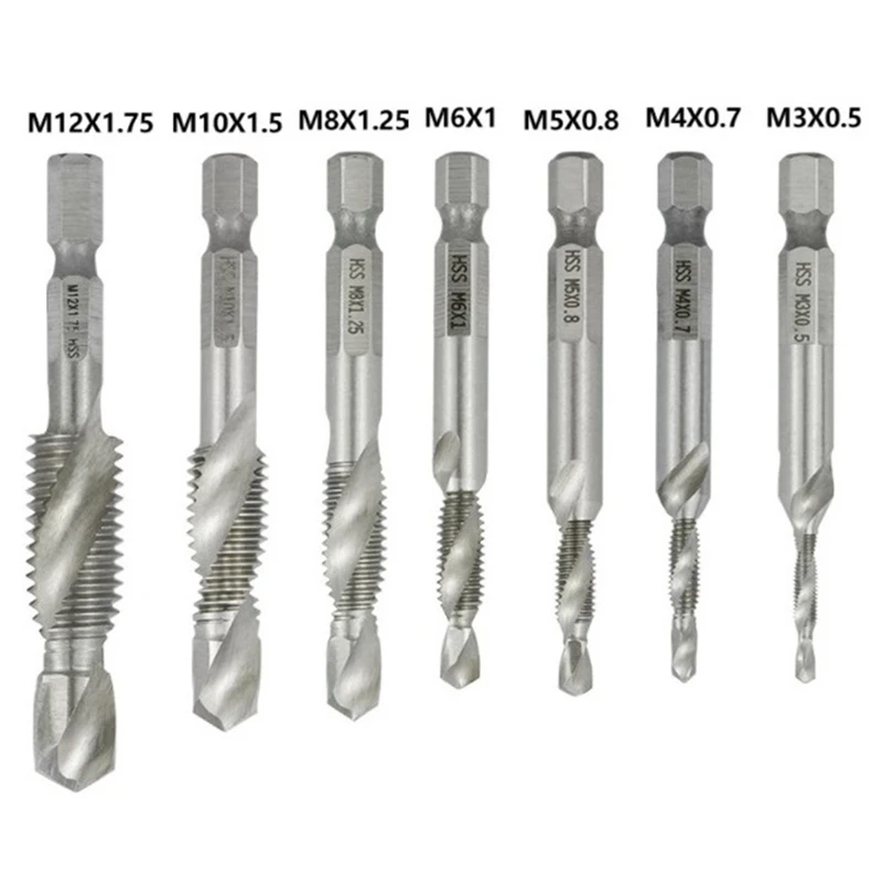 

Threading Tools Hex Shank HSS4341 Screw Thread Tap 7Pcs M3 M4 M5 M6 M10 M12 Spiral Machine Plug Tap Drill Thread Tap