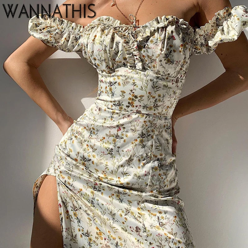 Женское платье до середины икры WannaThis, Летнее цветочное Платье макси с открытыми плечами и пышными рукавами, на шнуровке, с разрезом по бокам - Апрельский топ товаров с Али