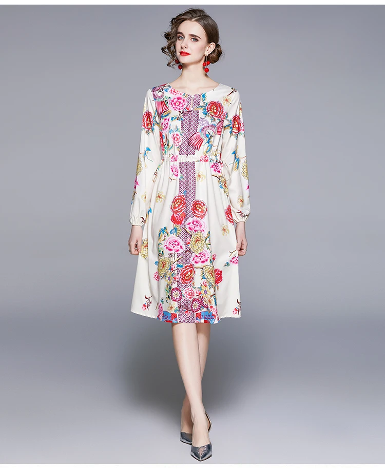 

Chiffon Loose Women's Dress New Fashion Casual Long Sleeve Dresses Mid-length Summer Flowers O-neck Houthion