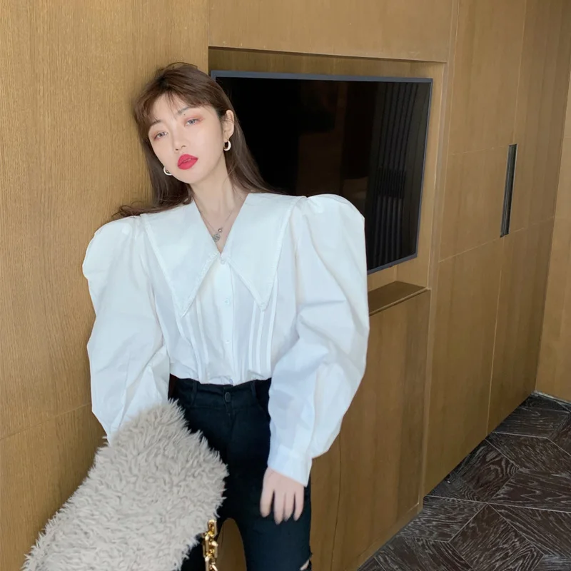 

KUSAHIKI Women Shirts Blouses Causal Puff Sleeve Korean Elegant Tops Solid Turn-down Collar Blusas Mujer Moda 2021 Verano 6F831