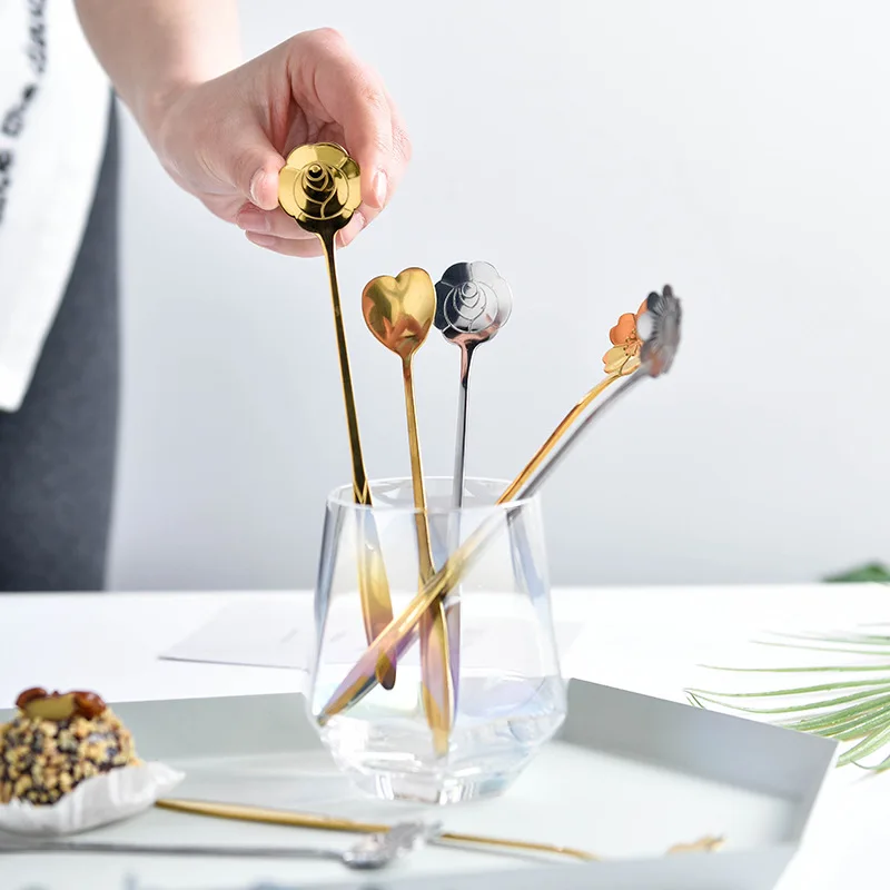 2 Pcs Sets Dessert Coffee Long Handle Flower Love Spoon Stainless Steel Milk Fruit Juice Stirring Spoons Gold Silver Kitchen |
