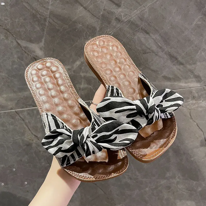

Women's Bowknot Slippers 2021 Summer New Outdoor Non-Slip Slipper Beef Tendon Soft Bottom Leopard Print Outdoor Sandals Slippers