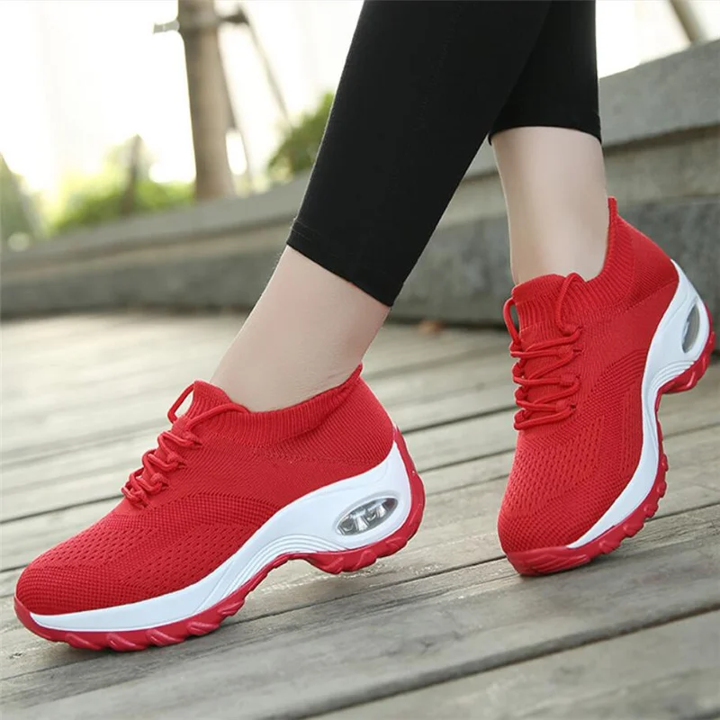 

2021 hot Women Tennis Shoes Cushion Red Sports Shoes Thick bottom Mesh Lace-up Female Sock Footwear Outdoor Women Sneakers35-42