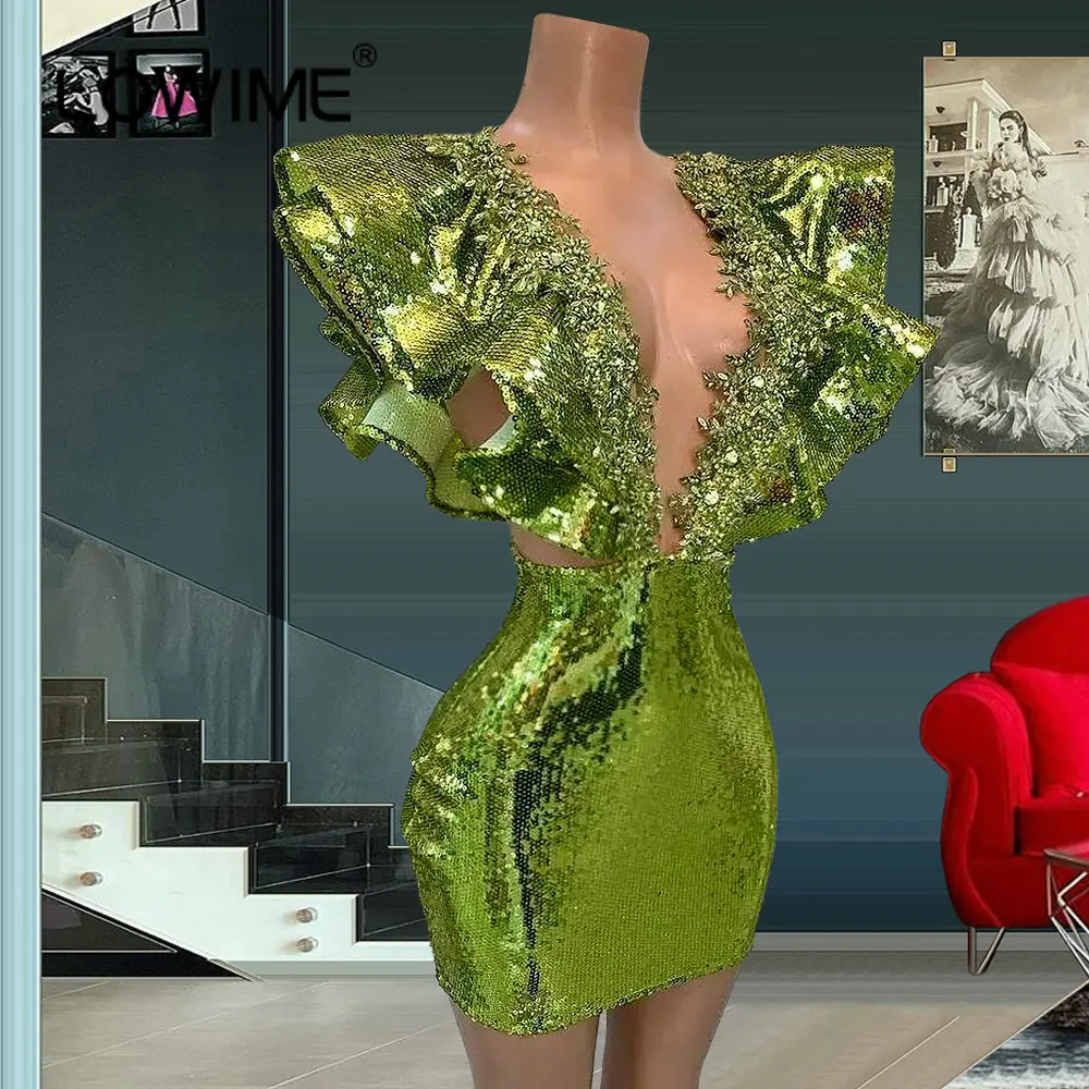 

Sexy Deep V Neck Green Sparkly Prom Dresses For Women 2022 Mini Mermaid Cocktail Night Club Gowns Vestidos De Fiesta