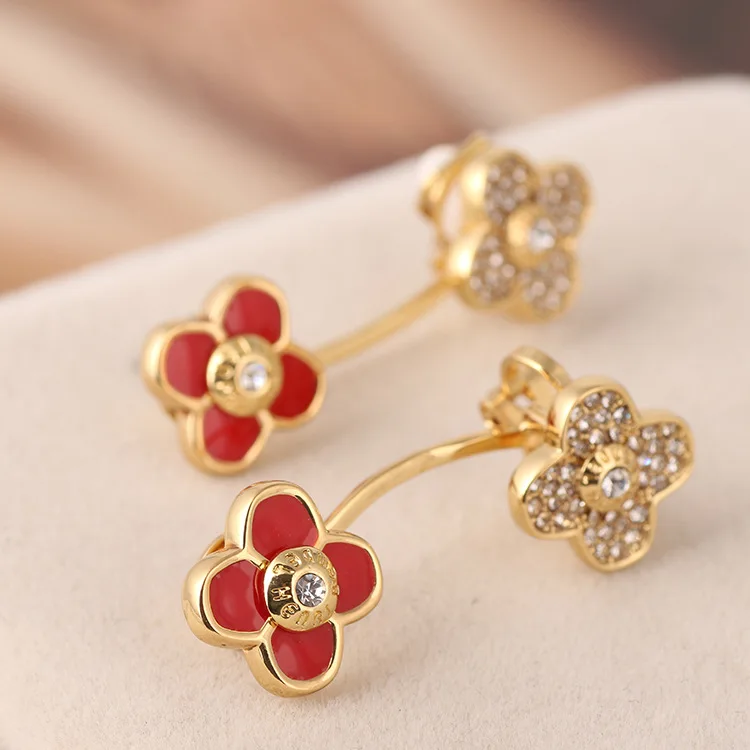 

Enamel glaze diamond inlaid four-leaf clover flower European and American earrings + ear clips