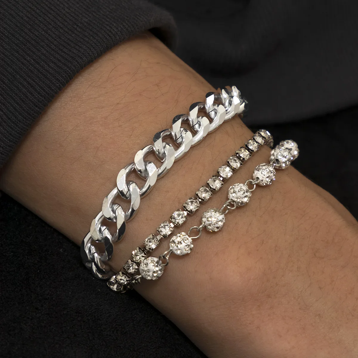 

Multi Layered Fancy Crystal Ball Design 3PCS/SET Punk Hip Hop Crystals CZ Bracelets Bangle Jewelry for Women Female Party Gifts