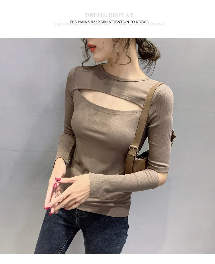 Осенняя мода для офисных леди ребристые хлопковые тонкие Топы женщин уличные