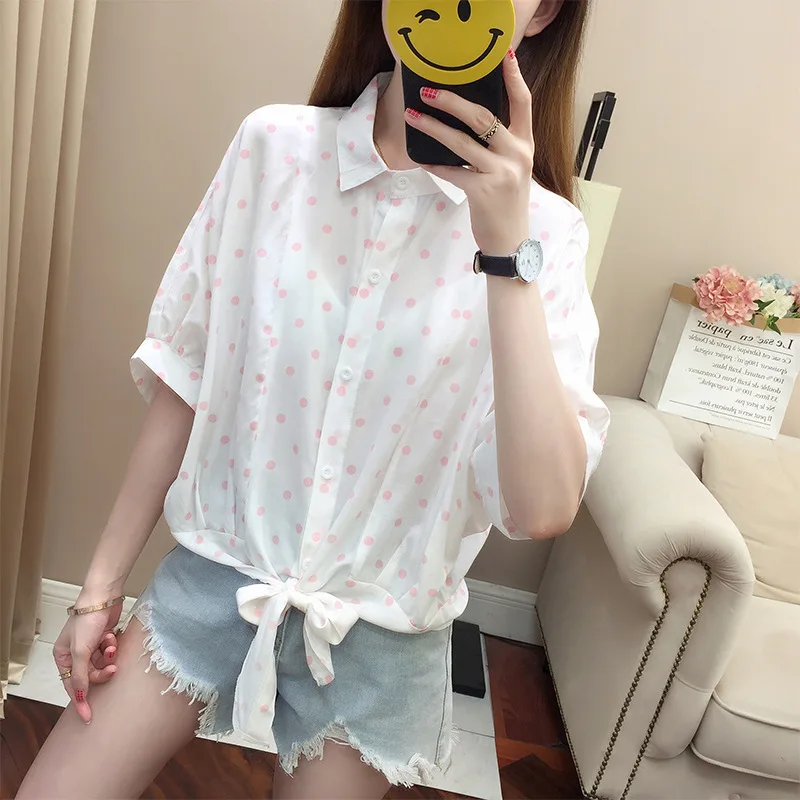 

Fannic Spring and Summer 2021 Chiffon Wave Point Shirt Women Sweet Half Sleeve Turn-down Collar Shirt
