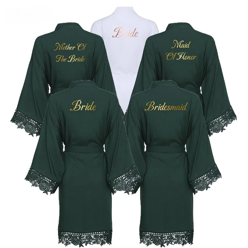 

Bride Bridesmaid Bride Robes Cotton Kimono Robes with Lace Robe Women Wedding Bridal Robe Short Bathrobe Dark Green
