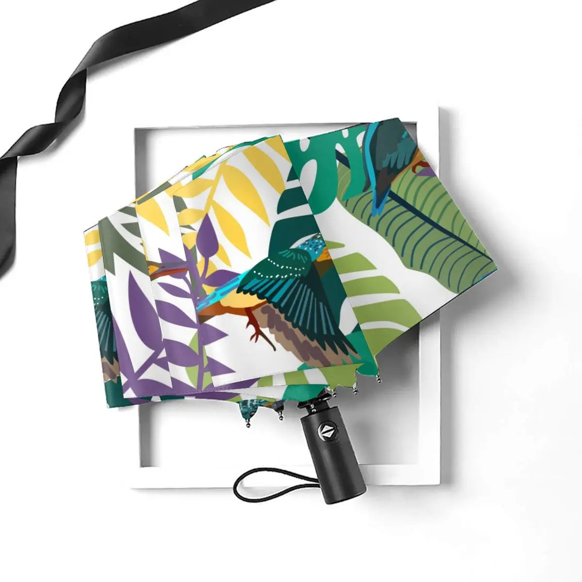 Miglior Ombrello Automatico Pioggia Donna Alberi Tropicali A Tre Pieghe Foglie Ronzio Uccelli Ombrello Antivento Parasole Impermeabile Femminile