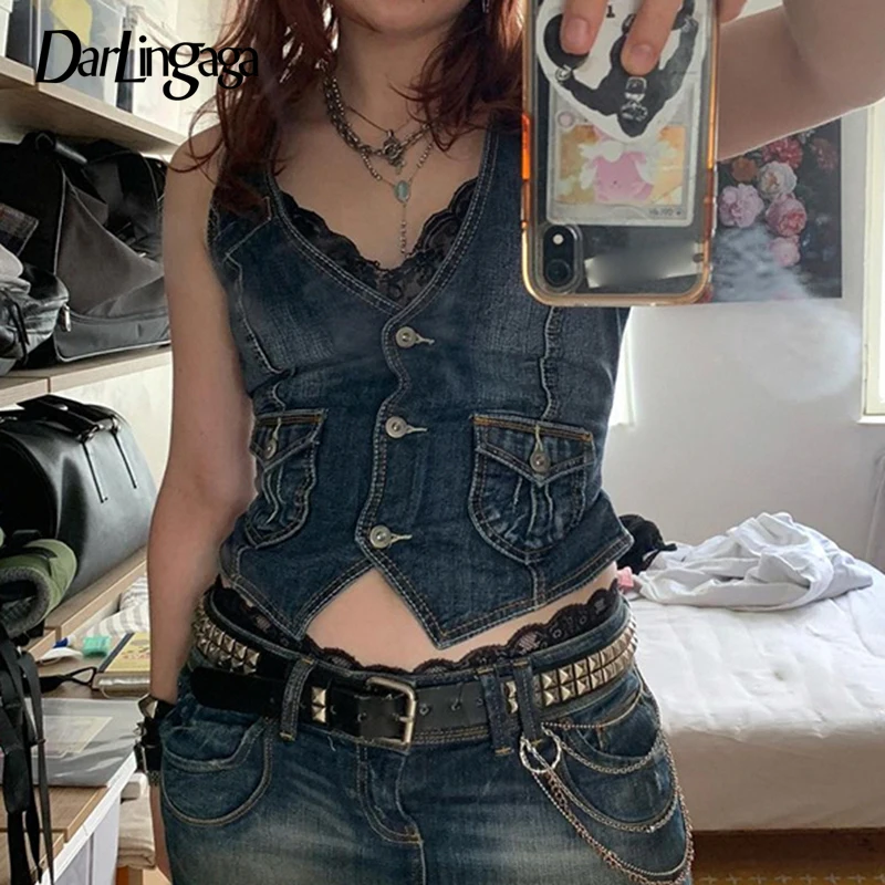 

Darlingaga Streetwear Cargo Denim Tank Top Pockets Casual Summer Cropped Tops Women Outfits Single Breasted Waistcoat Vest Slim