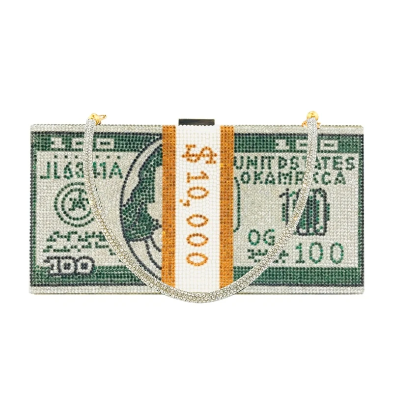 

Money Clutch Rhinestone Purse 10000 Dollars Stack of Cash Evening Handbags 23GE