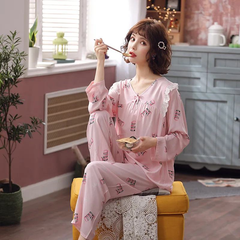 

Women Pajamas Sets Spring cotton Cute pyjamas Long Sleeve Top Elastic Waist Pants Full Lounge Long Sleeve Sleepwear Nightwear