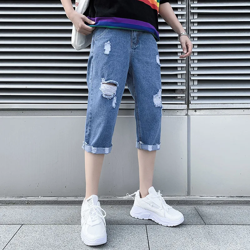 

Capris men's perforated denim shorts men's fashion Korean casual wear loose wide leg beggars' lace pants