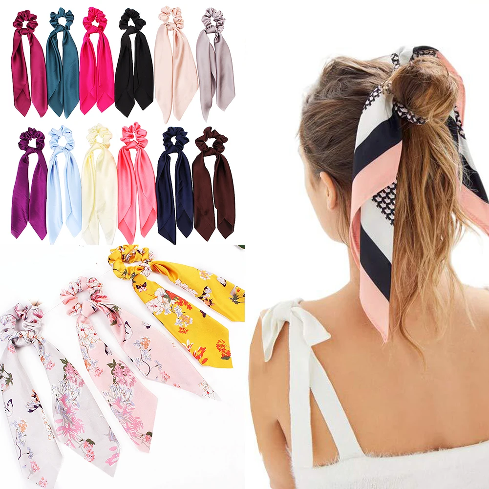 

Женские атласные резинки для волос с цветочным принтом, весенние резинки для волос с бантом, аксессуары для волос для девочек