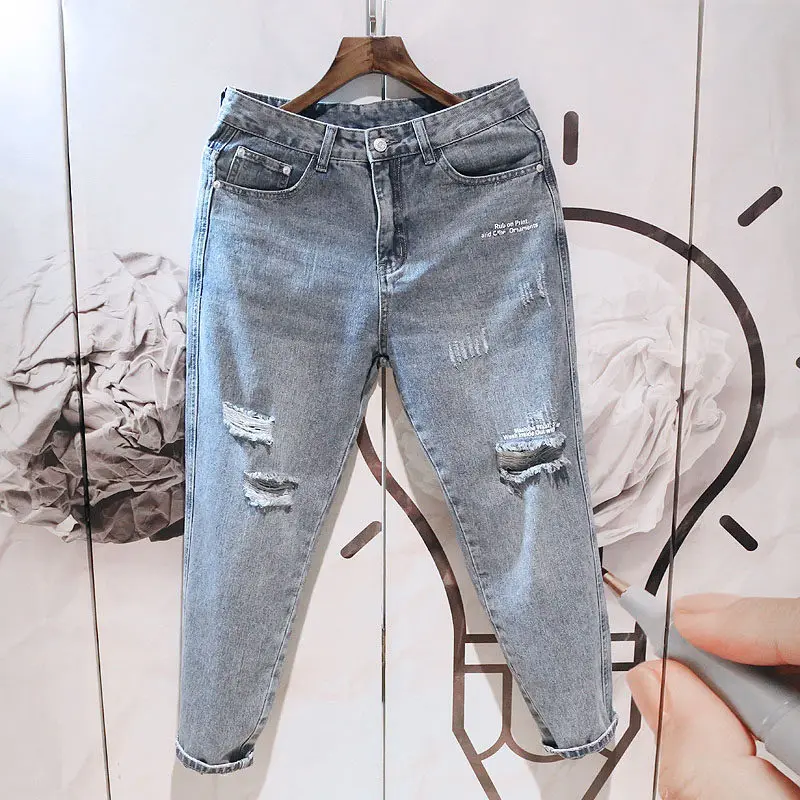 

Wholesale 2022 Korean New Slim Beggar Pants Harlan Cut Hole Daddy Jeans Women Loose Ankle Length Ripped Hole Straight-leg Pants