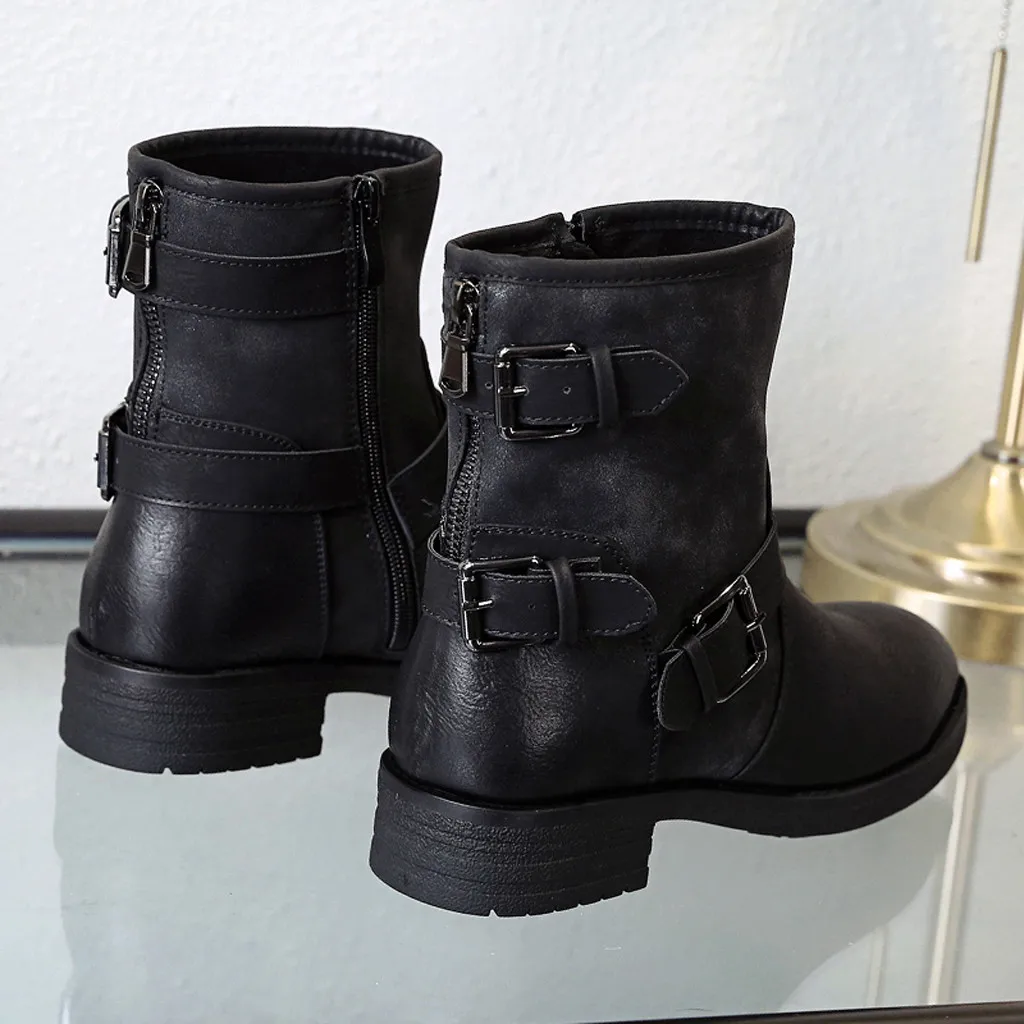 Модные женские классические ботильоны зимние черные кожаные байкерские