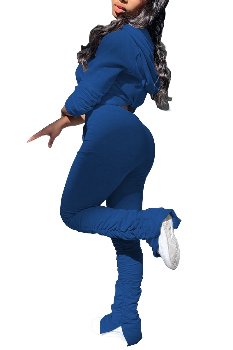 

Autumn Women Solid Tracksuits Fashion Stacked Pants Two Pieces Sets 2020 Hooded Zipper Jacket and Sweatpants Two Pieces Long