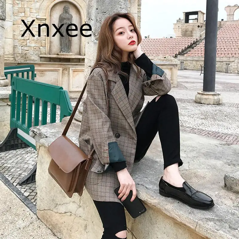 

Vintage Double Breasted Office Ladies Plaid Blazer Long Sleeve Loose Retro Suits Coat Jacket Women blazers Female 2020