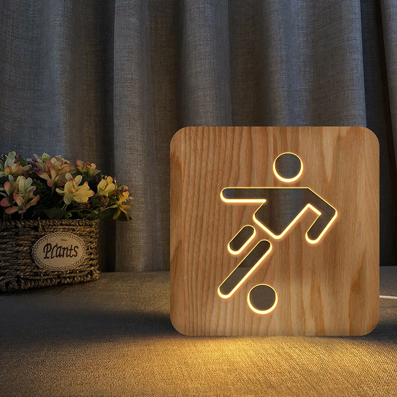 

Wooden Hollow Carved Bedroom Light New Sports Football Creative Night Light bedside lamp