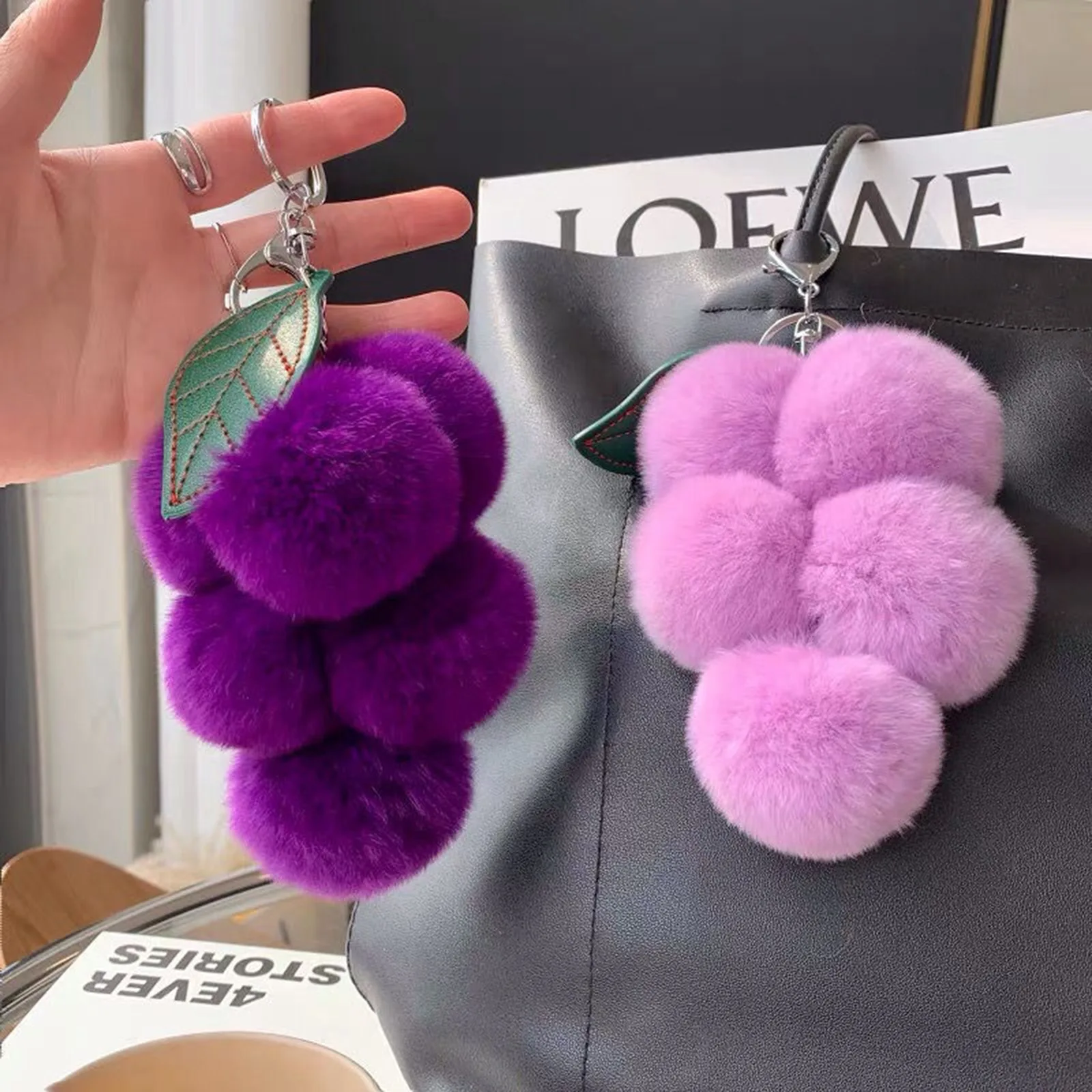 

Multicolor Pom Ball Grape Fruit Keychain Silver Color Metal Keyrings For Girls Women Plush Winter Backpack Car Key Decor 20.5cm