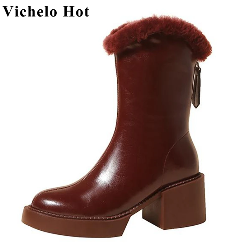 

Vichelo Hot 2022 mixed colors snow boots ins cow split leather winter wool round toe thick high heels lovely mid-calf boots l40