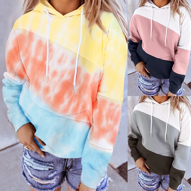 

Women Autumn Long Sleeve Drawstring Hoodies Tie-Dye Color Block Striped Loose Sweatshirt Casual Pullover Tops with Pocket S-2XL