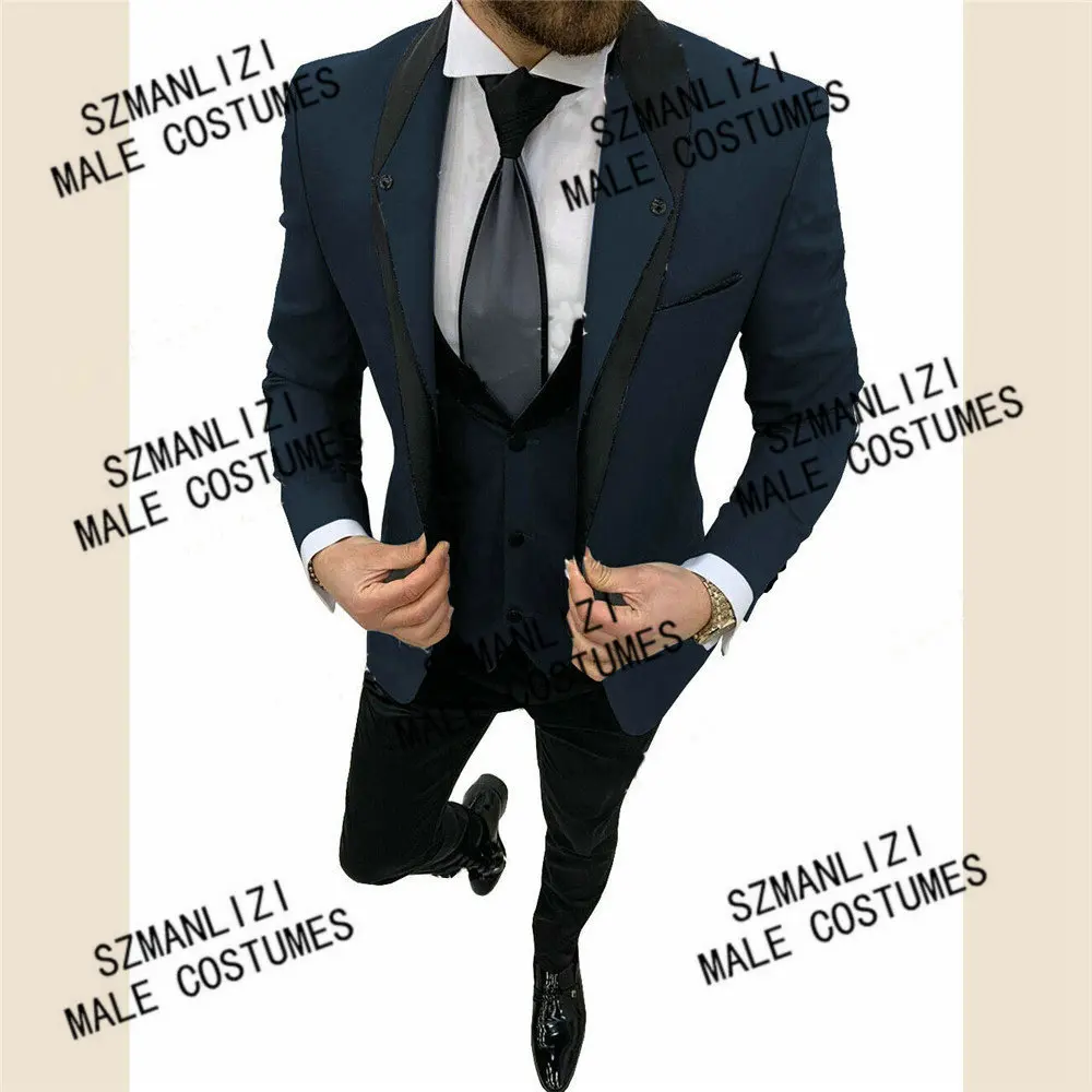 

Navy Blue Costume Slim Fit Men Suits Black Pant Slim Fit Groom Tuxedos For Men Formal Male Dress Wedding Suit Best Man 3 Pieces