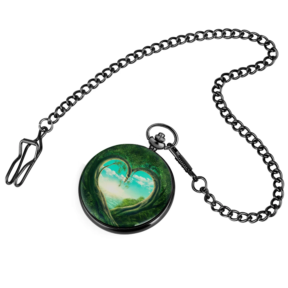 

Exquisite Heart Shaped Green Forest Quartz Pocket Watch Men Women Big Dial Black Alloy Cover Rough Chain Pendant Love Necklace