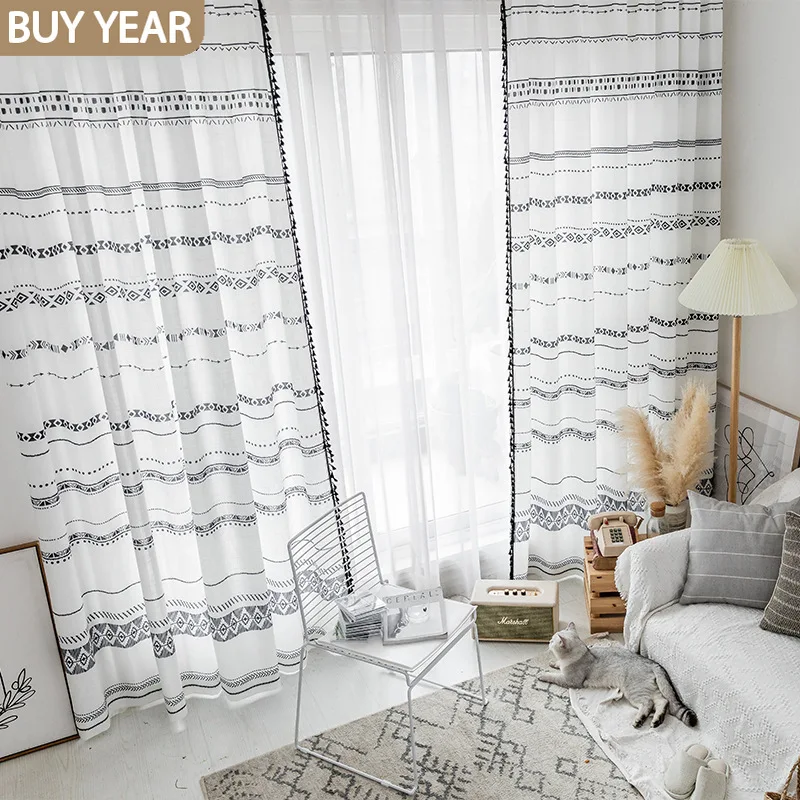 

Nordic Curtains for Living Dining Room Bedroom Bohemian Modern Geometric Black Imitation Cotton and Linen Printed Curtains