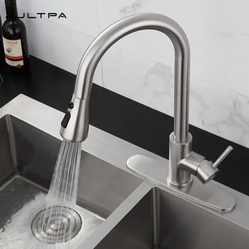 

2Pcs 304 Stainless Steel Single Hole Pull Out Spray Kitchen Tap 360 Degree Water Mixer Tap