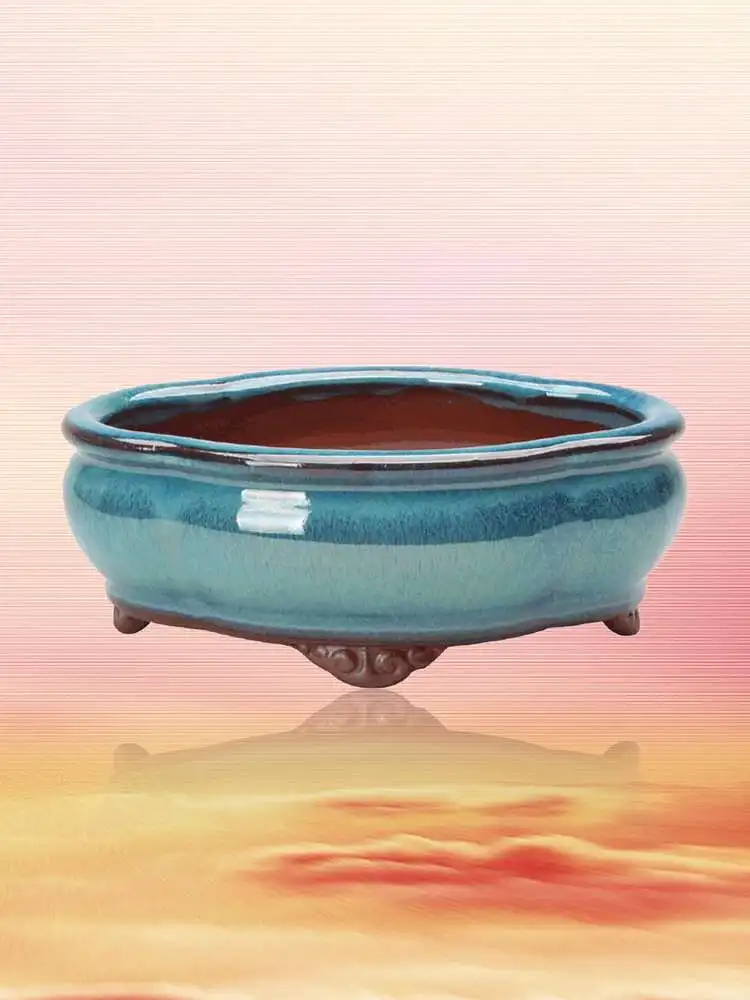 

Miniature Breathable Stoneware Bonsai Pot with Holes Flower Succulents Plant Pot Blue Glazed Flowerpot Landscaping Decor