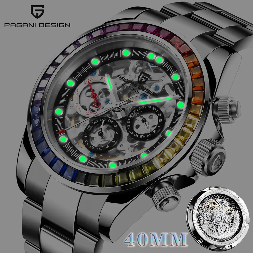 

Часы Pagani Design 2021New Rainbow Bezel Skeleton Dial роскошные механические Автоматические Мужские часы водонепроницаемые полностью стальные часы 100 м